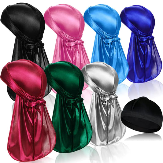7 Silky Satin Durag Set with Long Tail + 1 Skull Cap – 8-Piece Multicolor Pack
