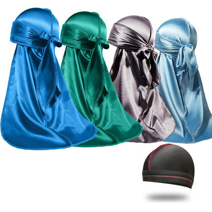 4 Silk Long Tail Durags & 1 Skull/Wave Cap – 5-Piece Bundle